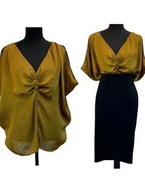 OXMO mustard khaki green V neck web sleeve blouse Sz M